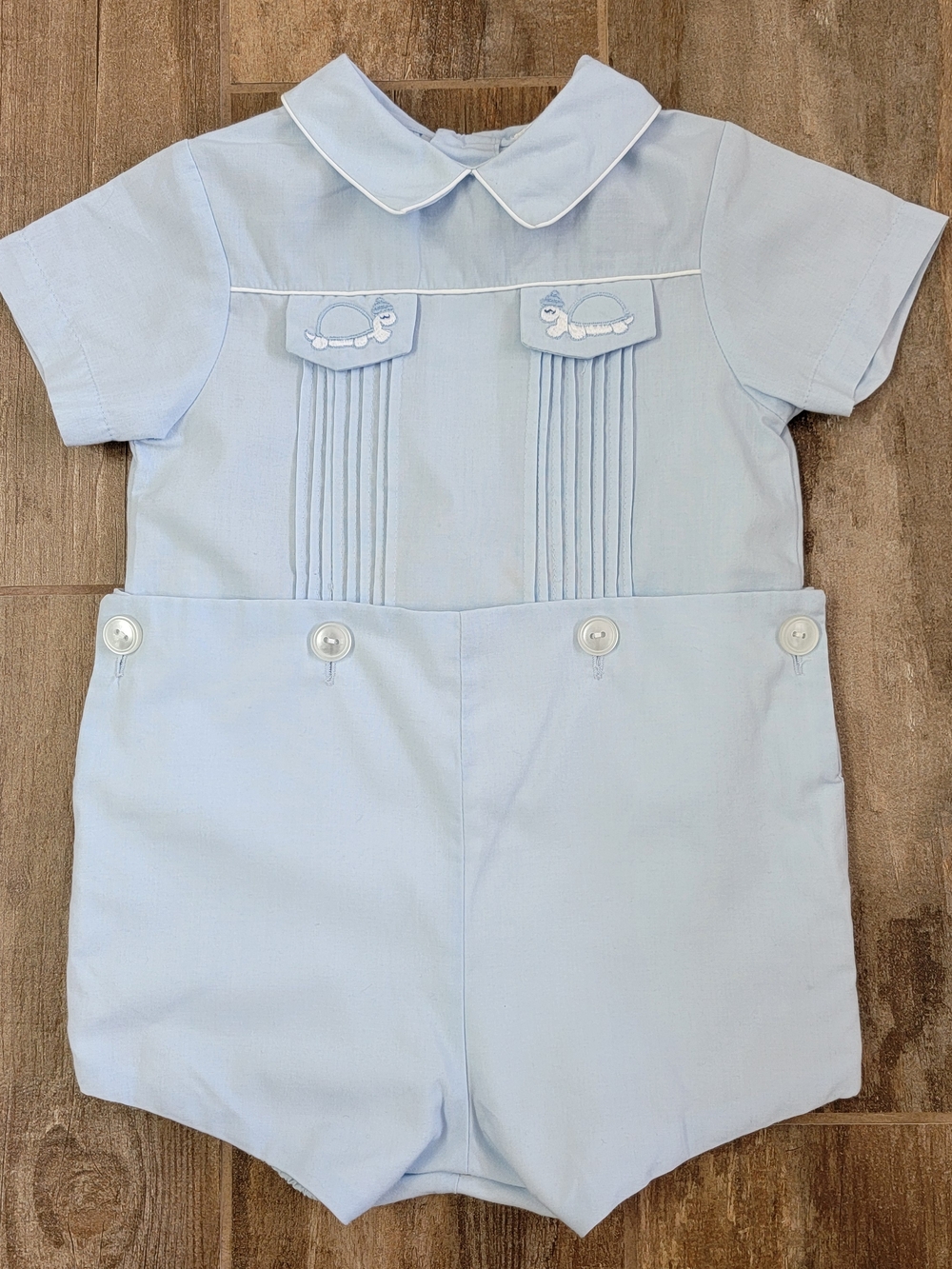 VTG Alison Scott Baby Bubble Romper Blue Embroidery Collar EUC Sz- 18M